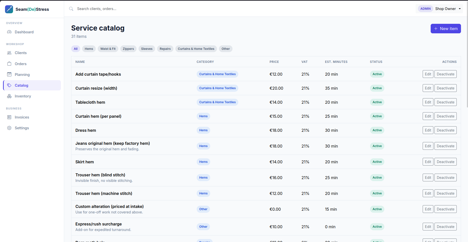 Service catalog by category with pricing