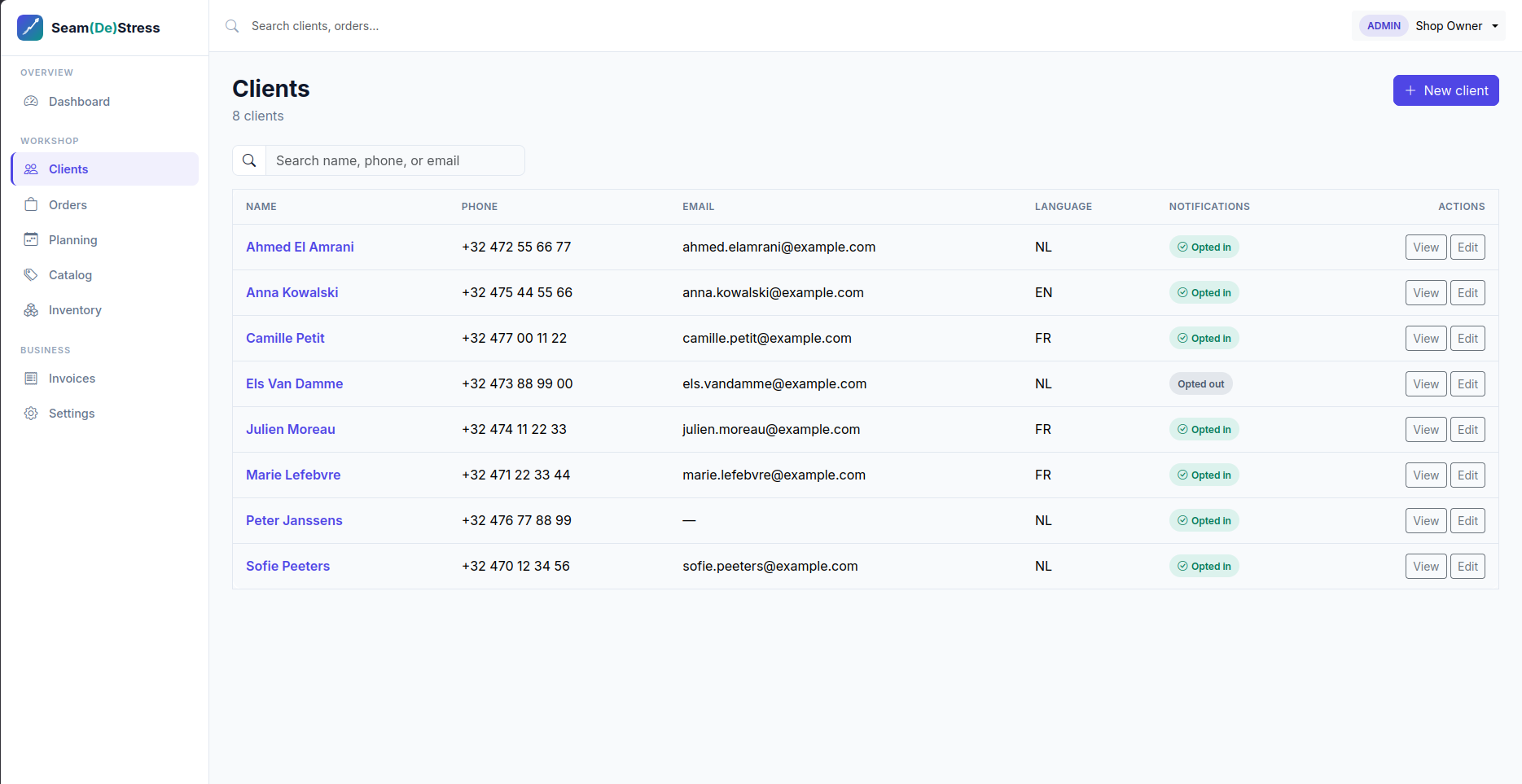 Clients list with search