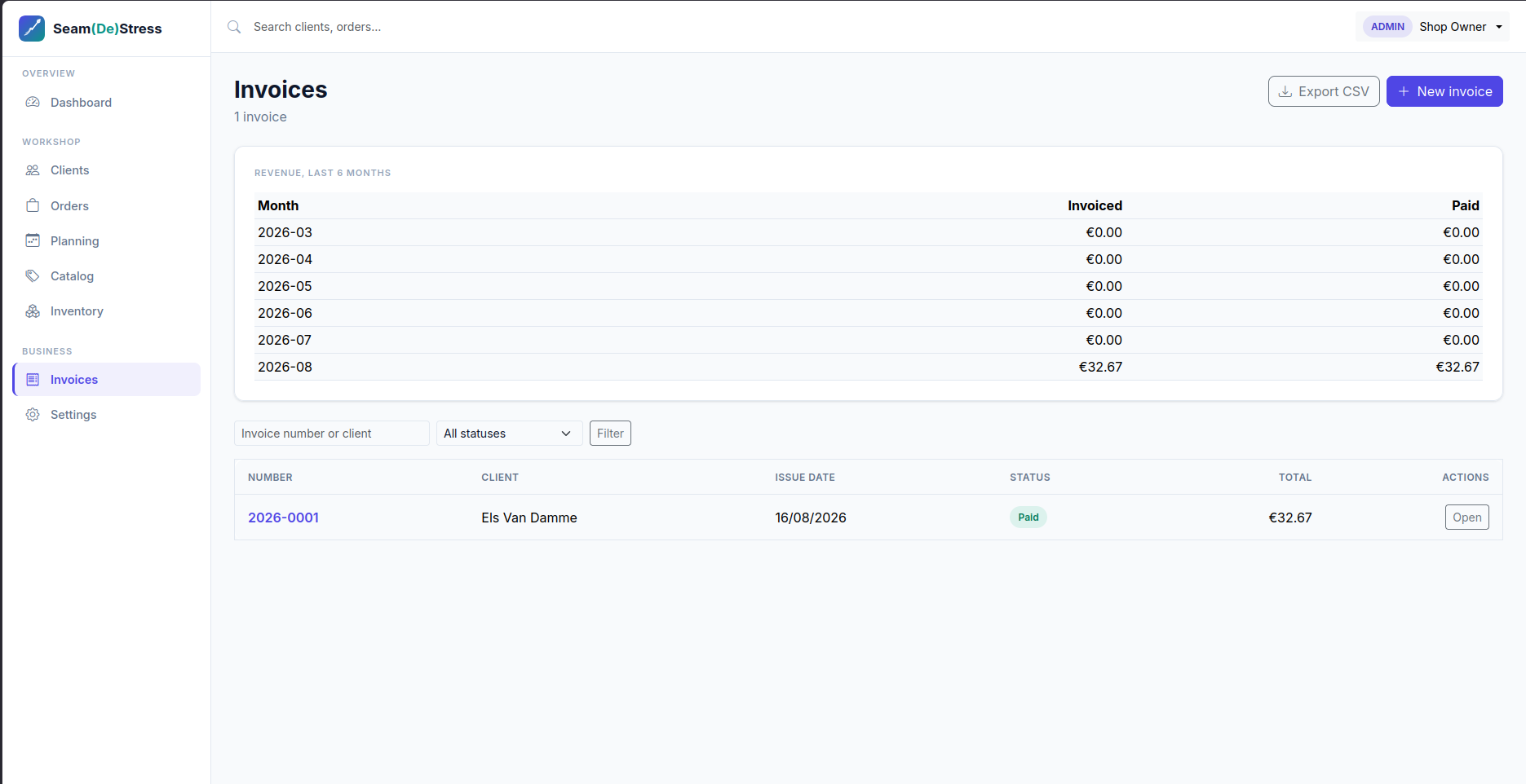Invoices list with status and revenue overview