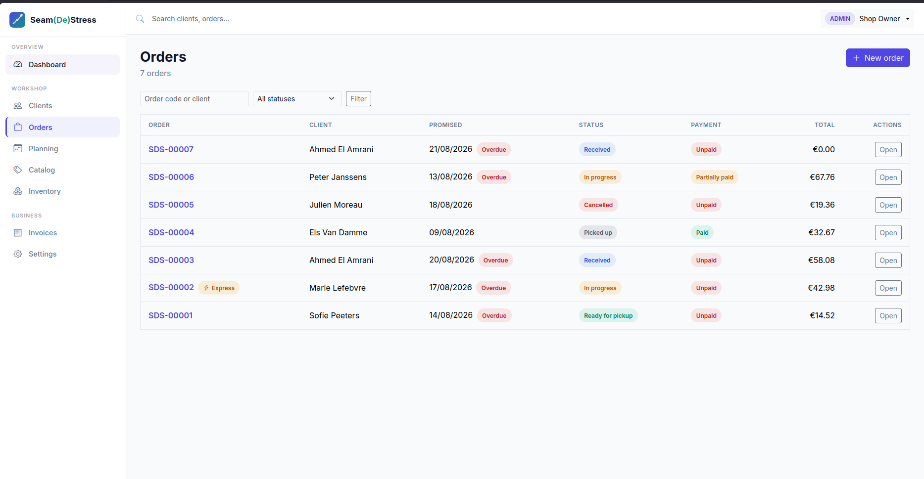Orders: garment intake with client, catalog, and running total