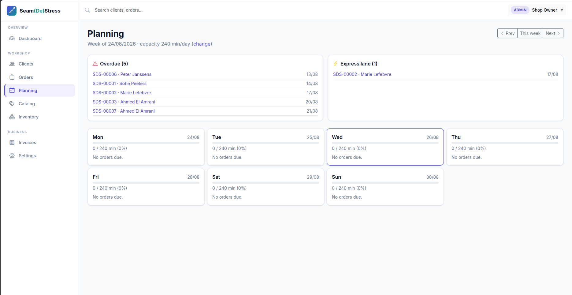 Weekly workload planning calendar