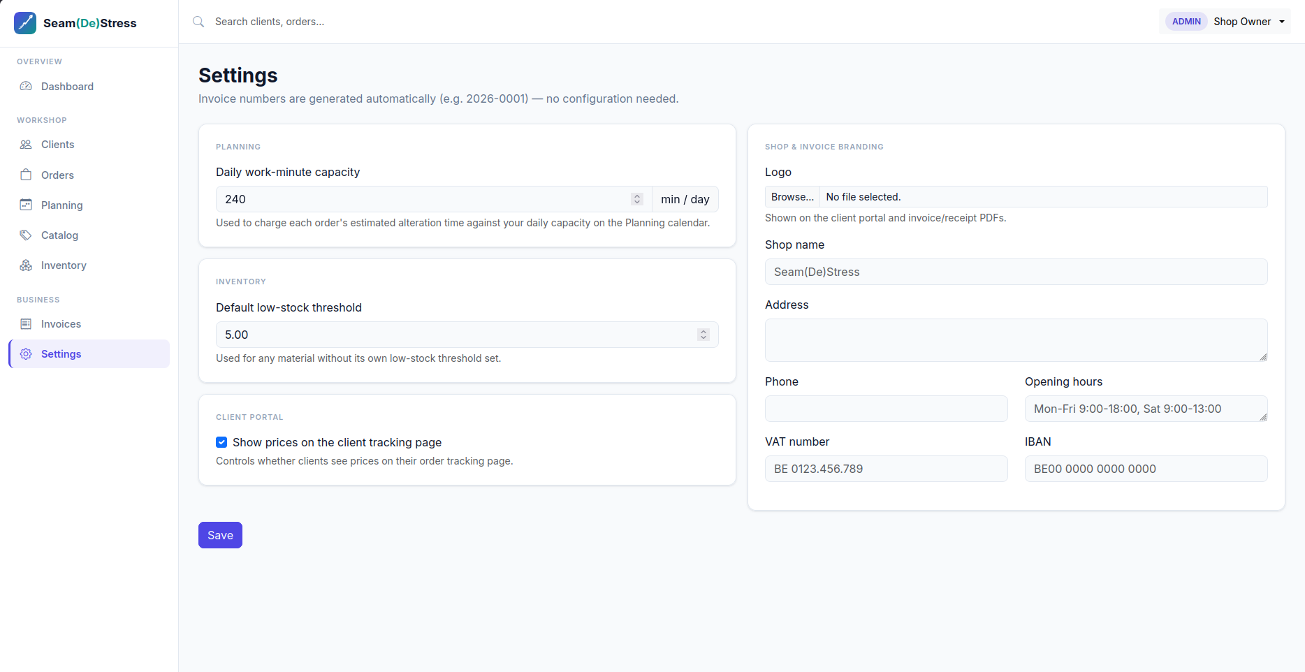 Settings screen with shop branding and configuration